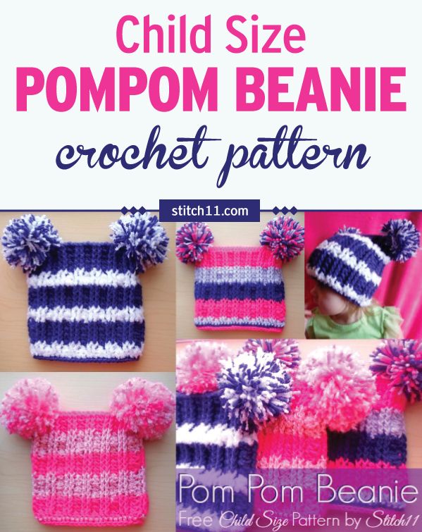 This Child Size Pom Pom Beanie crochet pattern uses a mix of front post DC and crossover DC - which makes the hat very stretchy.  Although it is designed just for children, it fits the sizes preschooler - teen! #crochet #crochetlove #crochetaddict #crochetpattern #crochethat #ilovecrochet #crochetgifts #crochet365 #addictedtocrochet #yarnaddict #yarnlove.