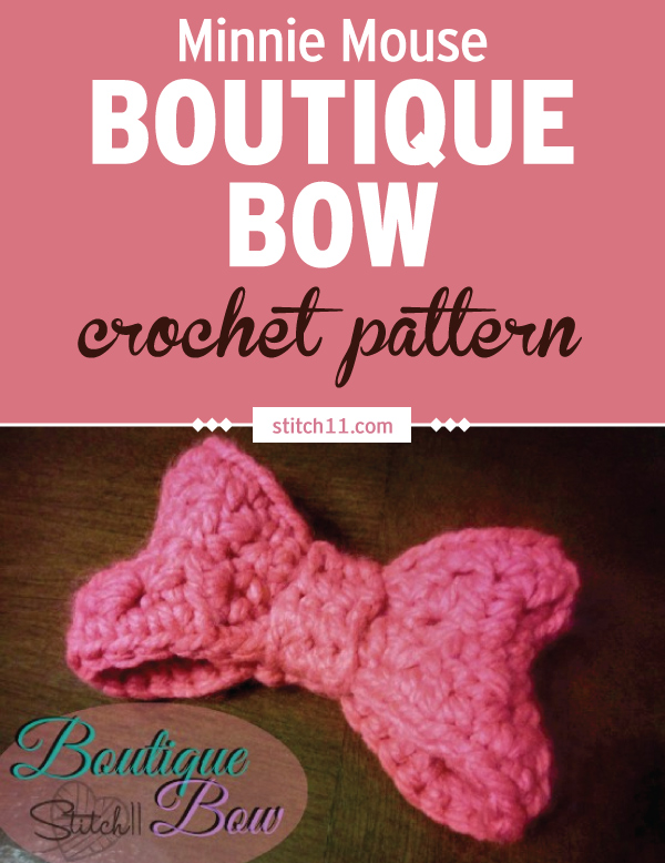 This bow crochet pattern is designed after Minnie Mouse's popular bow. This bow pattern measures 5.5 inches wide using bulky weight yarn, but you can also use worsted weight for a slightly smaller version. #crochet #crochetlove #crochetlife #crochetaddict #crochetpattern #crochetinspiration #ilovecrochet #crochetgifts #crochet365 #addictedtocrochet #yarnaddict #yarnlove