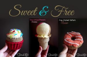 Sweet and Free crochet patterns. Cupcake, ice cream, and donut.