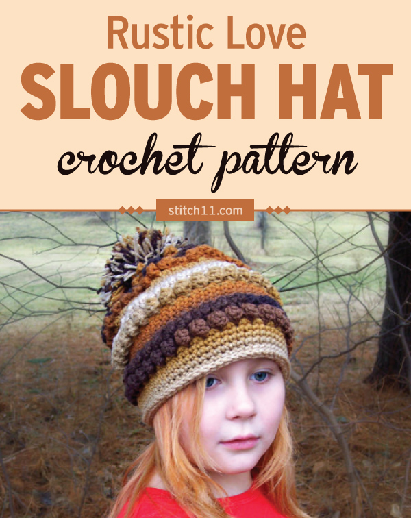 This Rustic Love Slouch Hat crochet pattern is perfect the cold weather to keep head and ears warm. The popcorn stitches around and in several rows, adds a dimension and interest to an otherwise simple slouchy hat. #crochet #crochetpattern #crochethat #crochetlove #crochetaddict #ilovecrochet