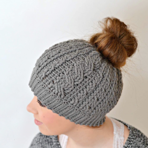 Cabled Messy Bun Hat Crochet Pattern