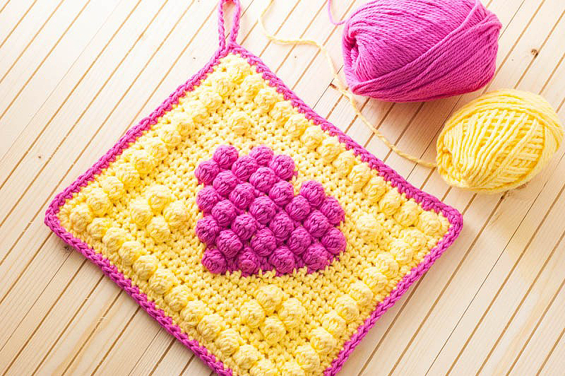 Crochet Bobble Heart Potholder