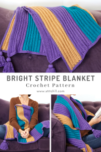 The Bright Stripe Blanket is one of a kind with its vibrant stripes and decorative tassels, you’re sure to have some fun adventures if you take this blanket along. #crochetblanket #crochetafghan #crochetpattern #crochetlove #crochetaddict