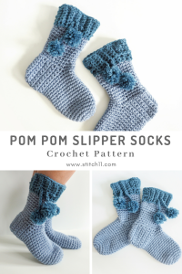 The Pom Pom Slipper Socks make adorable stocking stuffers. #crochetsocks #crochetslippers #crochetpattern #crochetaddict #crochetlove