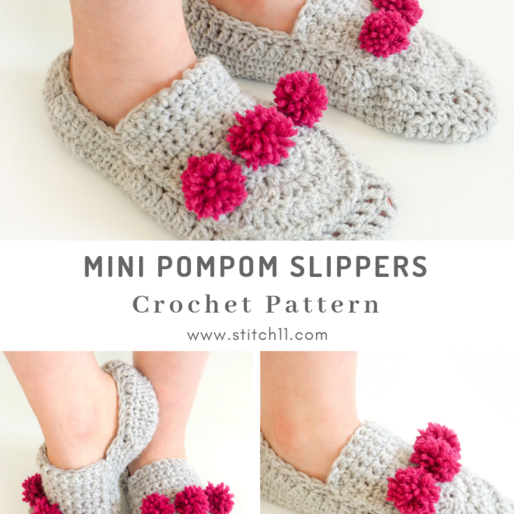 These crochet pom pom slippers are a one size fits all, and are extra comfy. This crochet pattern is easy to make and cozy to wear. #CrochetSlippers #CrochetPattern #CrochetAddict