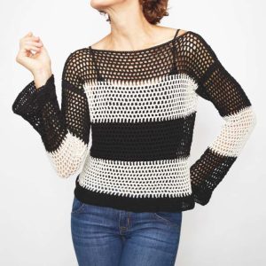 Monochrome Tie Sweater - These 16 super easy crochet sweater patterns are the best we’ve found. There’s a good variety to choose from whether you like them light, cropped or with a classic look. #easycrochetsweaterpatters #easycrochetpatterns #crochetsweaters