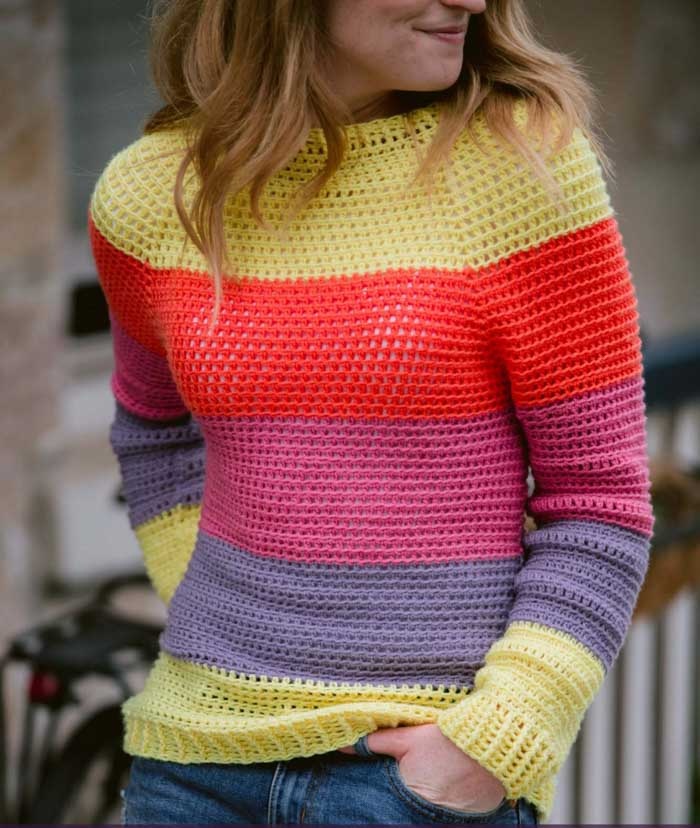 Top Down Crochet Sweater - These 16 super easy crochet sweater patterns are the best we’ve found. There’s a good variety to choose from whether you like them light, cropped or with a classic look. #easycrochetsweaterpatters #easycrochetpatterns #crochetsweaters