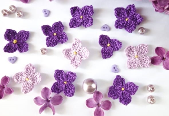 Crochet Lilac Flowers with pearls and buttons
