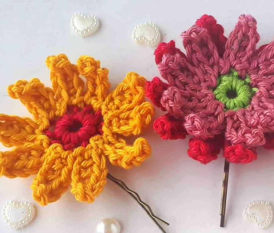 Gerbera Crochet Flowers on a hair pin with pearly hearts