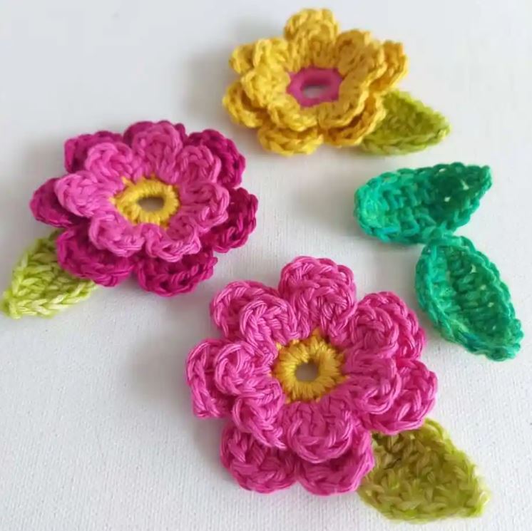 Two Layer Crochet Flowers with leaves