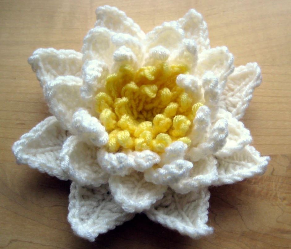 Water Lily Crochet flower on a wooden table