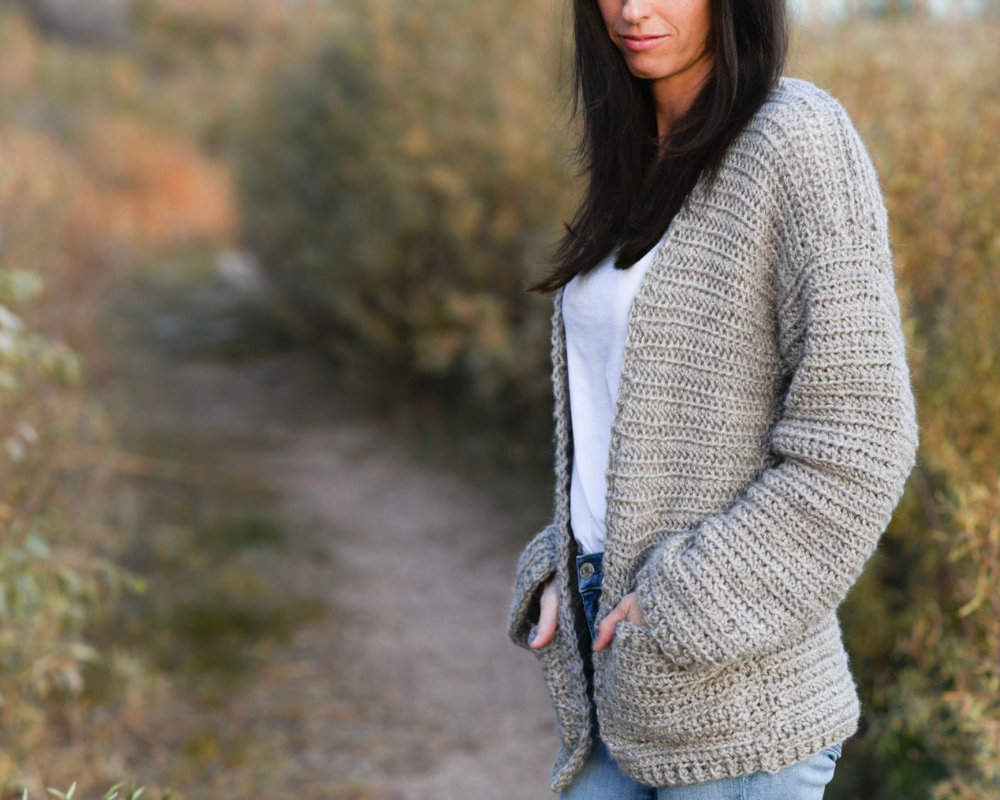 Woman wearing boyfriend cardigan crochet
