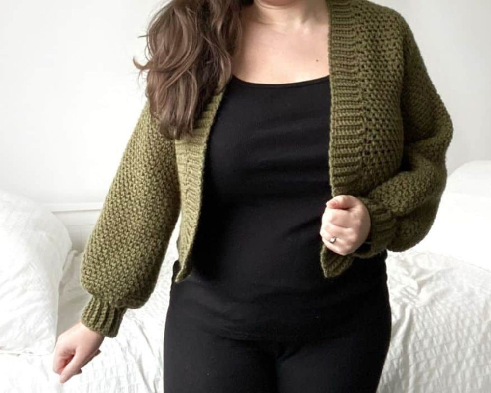 Woman wearing moss stitch cardigan crochet