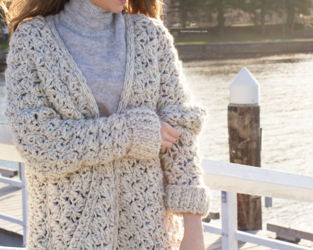 Woman wearing coastal fog chunky cardigan crochet