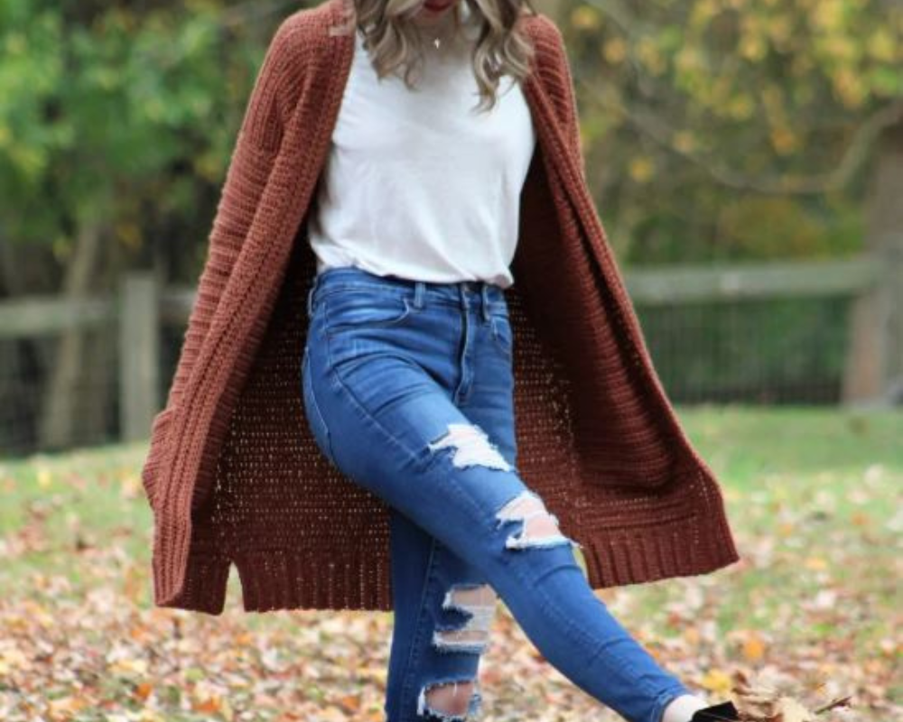 Woman wearing long harvest crochet cardigan