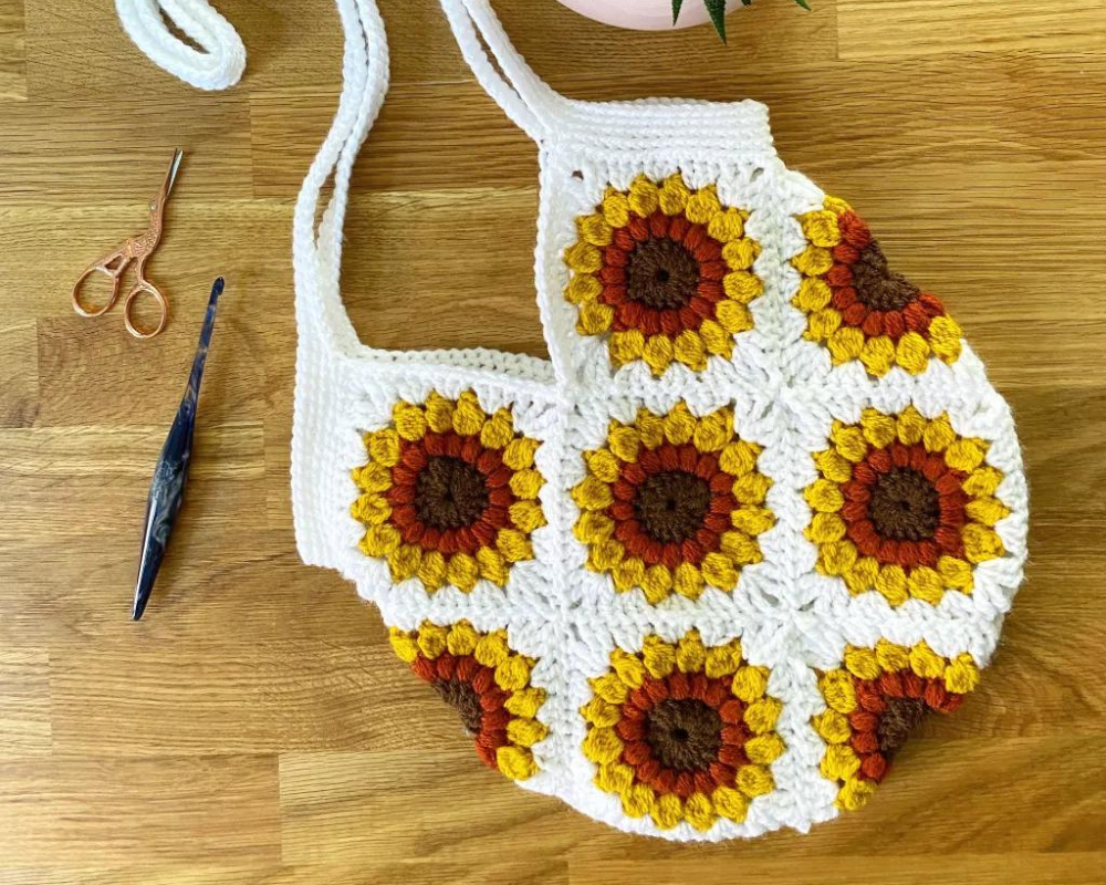 Sunflower Granny Square Crochet Tote Bag