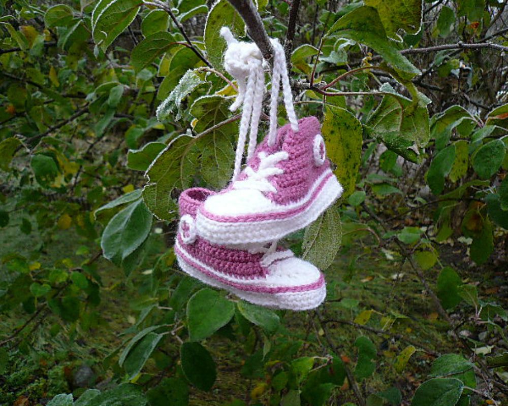 crochet converse sneakers inspired hanging on a branch