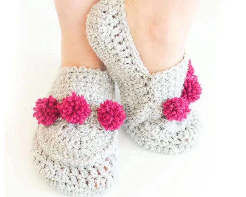 Mini Pom-Pom Crochet Slippers