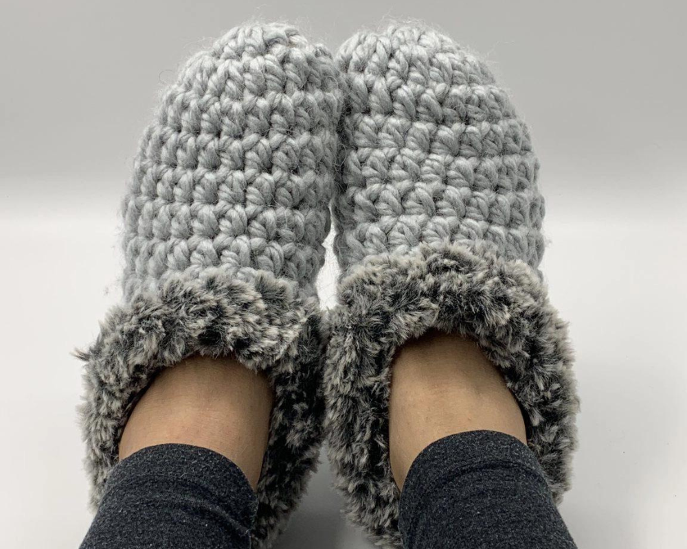 Grey Crochet Slippers with faux fur